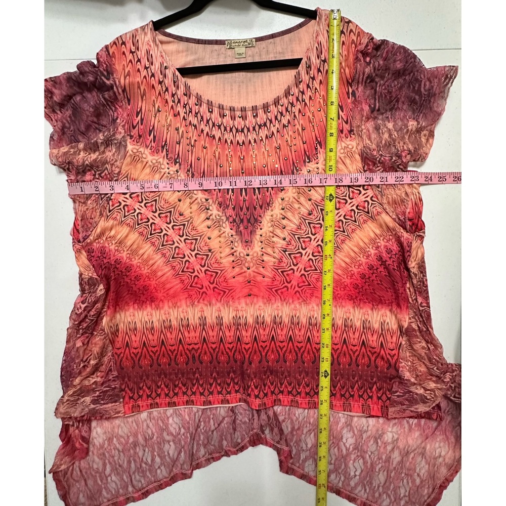 Energe World Wear Tunic Flutter Cap Sleeve Bohemian Studded Lace Red & Orange 1X - Picture 7 of 7